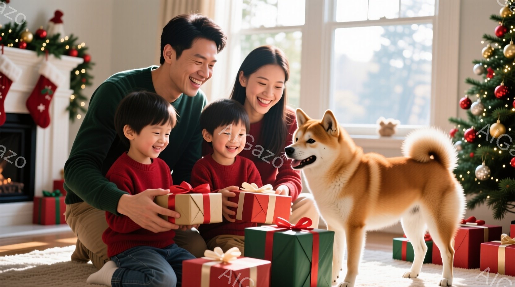 暖炉のある部屋で、両親と二人の子供がプレゼントに囲まれて笑顔で座っています。家族は皆赤いセーターを着ており、父親はプレゼントを手渡しています。背景にはクリスマスツリーが飾られ、温かく幸せな雰囲気が漂っています。