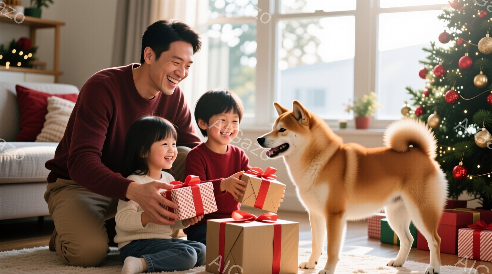 幼い娘と息子が、クリスマスプレゼントを抱えて床に座り、笑顔でシバ犬を見つめている。父親は二人の横に膝をつき、優しく見守っている。背景にはクリスマスツリーが飾られ、暖かく幸せな家庭の雰囲気が漂っている。