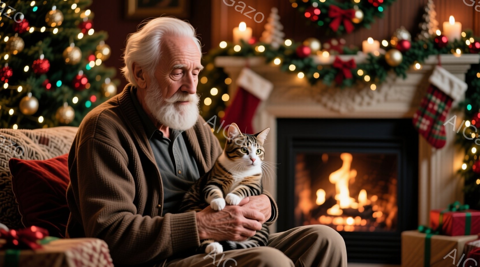 白い顎髭を生やした老人が、縞模様の猫を腕に抱き、優しく見つめています。彼はセーターとシャツを着ており、リラックスした表情をしています。背景にはクリスマスツリーや暖炉があり、プレゼントボックスが置かれ、 - AI生成フリー素材