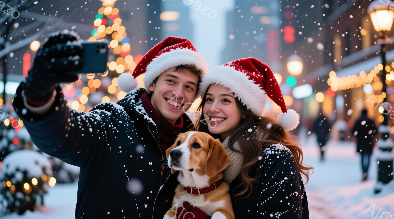 寒そうな冬の街並みを背景に、若い男女が犬と一緒に自撮りしている写真です。二人は赤いサンタの帽子をかぶり、笑顔でカメラを見つめており、暖かそうなコートを着ています。背景には雪が降り、街路樹や建物がキラキラと光るイルミネーションで飾られ、クリスマスの雰囲気が漂っています。