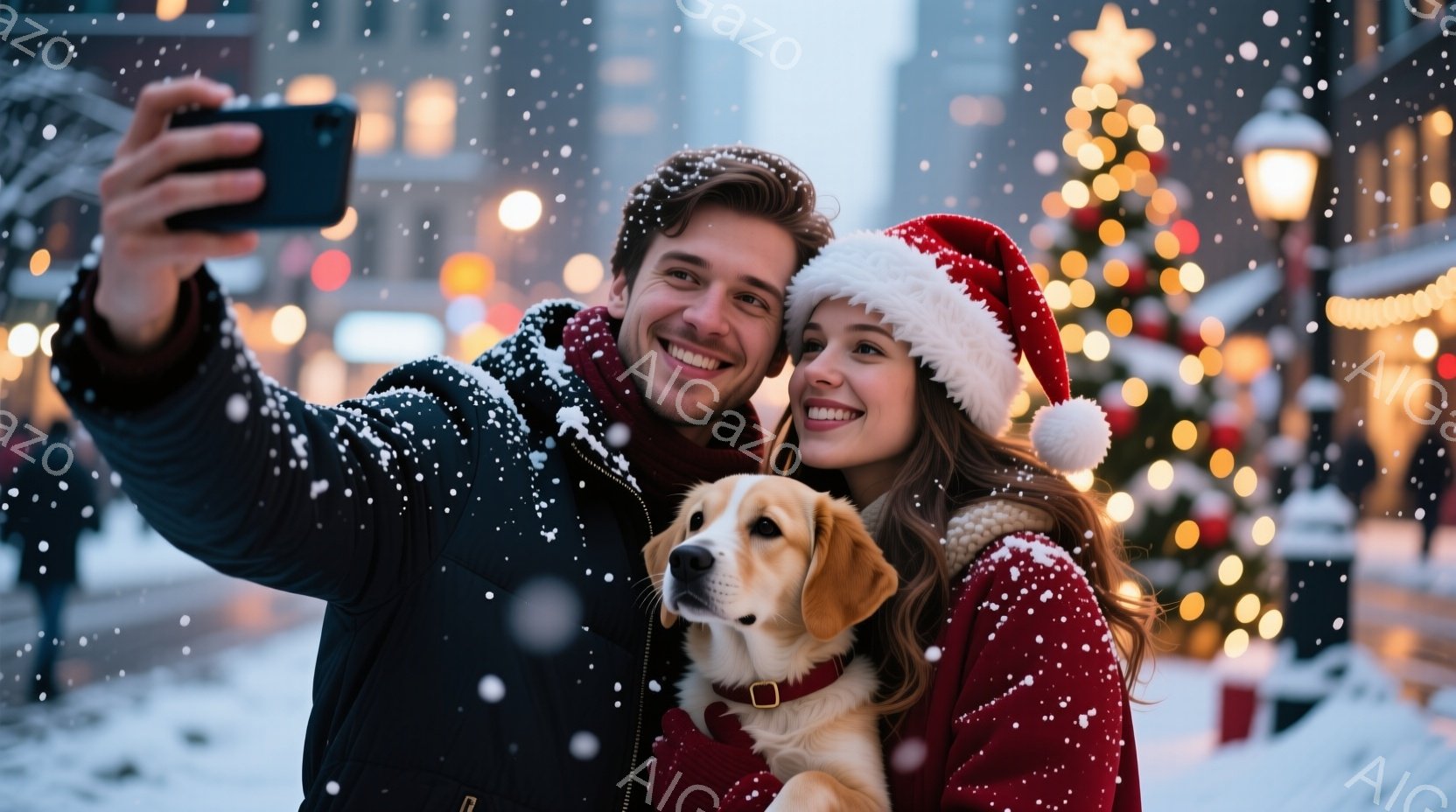 暖炉の赤いニット帽をかぶった若い女性と黒いジャケットを着た若い男性が、愛犬と一緒にセルフィーを撮っています。彼らは笑顔でカメラに向かってポーズをとっており、背景にはクリスマスの飾り付けがされた街並みと雪が降る様子が見られます。全体的に温かく、幸せなクリスマスの雰囲気が漂う写真です。