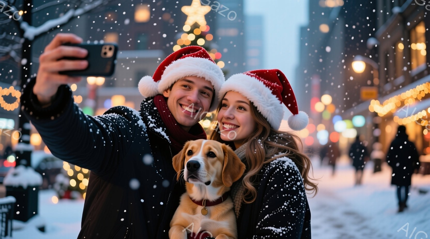 雪が降る夜、サンタ帽をかぶった若い男女が、愛犬と一緒に自撮り写真を撮っています。彼らは笑顔でカメラに向かっており、背景にはクリスマスイルミネーションで飾られた街並みとぼやけた人影が見えます。温かく幸せなクリスマスの雰囲気が伝わってくる一枚です。