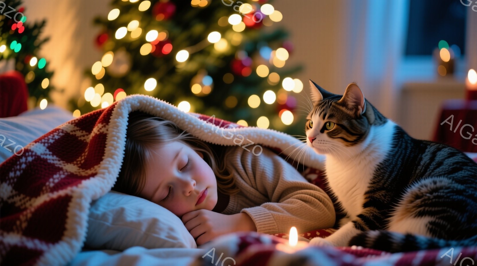 赤と白のチェック柄の毛布に包まれた幼い女の子が眠っています。彼女は明るい茶色の髪をしており、穏やかな表情で目を閉じています。背景には、ぼんやりと光るクリスマスツリーと、点灯しているキャンドルがあり、温 - AI生成フリー素材