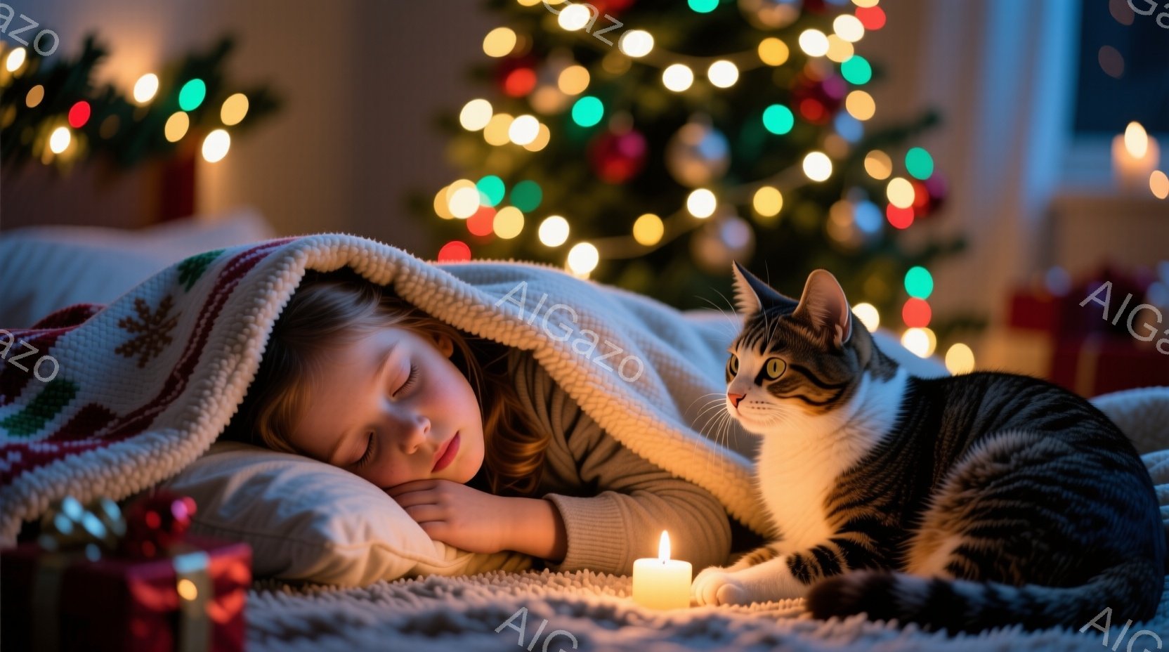 幼い女の子が毛布にくるまって眠っており、横には縞模様の猫がいます。彼女は赤いクリスマス柄のパジャマを着ており、髪は少し乱れていますが、穏やかな表情で眠っています。背景には、明るく輝くクリスマスツリーと - AI生成フリー素材