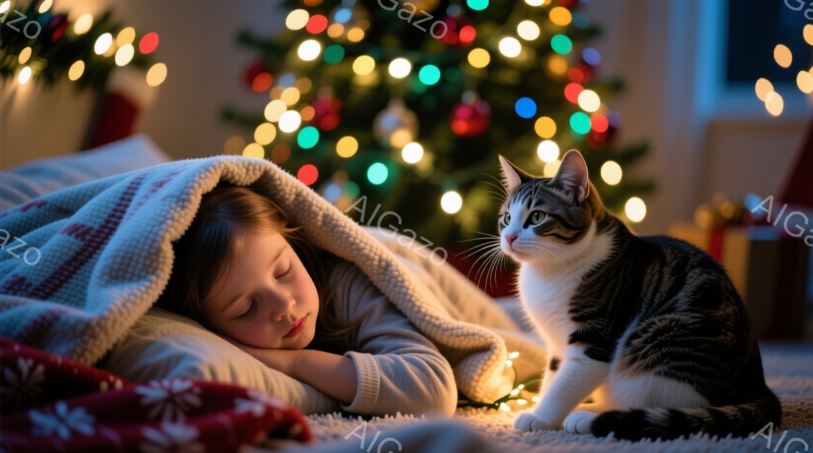 少女は赤い模様のある毛布に包まれ、穏やかな表情で眠っています。彼女は白いセーターを着ており、髪は肩まで伸びています。背景にはクリスマスツリーが飾られ、点滅する電飾が暖かく優しい雰囲気を醸し出しています - AI生成フリー素材