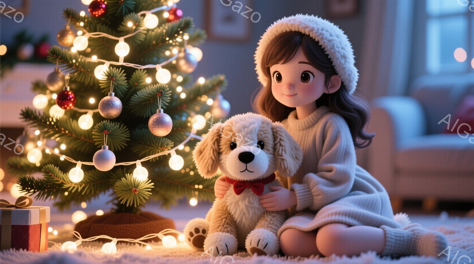 クリスマスツリーの前で、ニット帽を被った少女が、ふわふわの犬のぬいぐるみを抱きしめて座っています。彼女は厚手のニットセーターとレッグウォーマーを着ており、優しい笑顔を浮かべています。背景には、クリスマスツリーの温かい光と、ぼんやりとしたソファが見え、全体的に暖かく、平和なクリスマスの雰囲気が漂っています。
