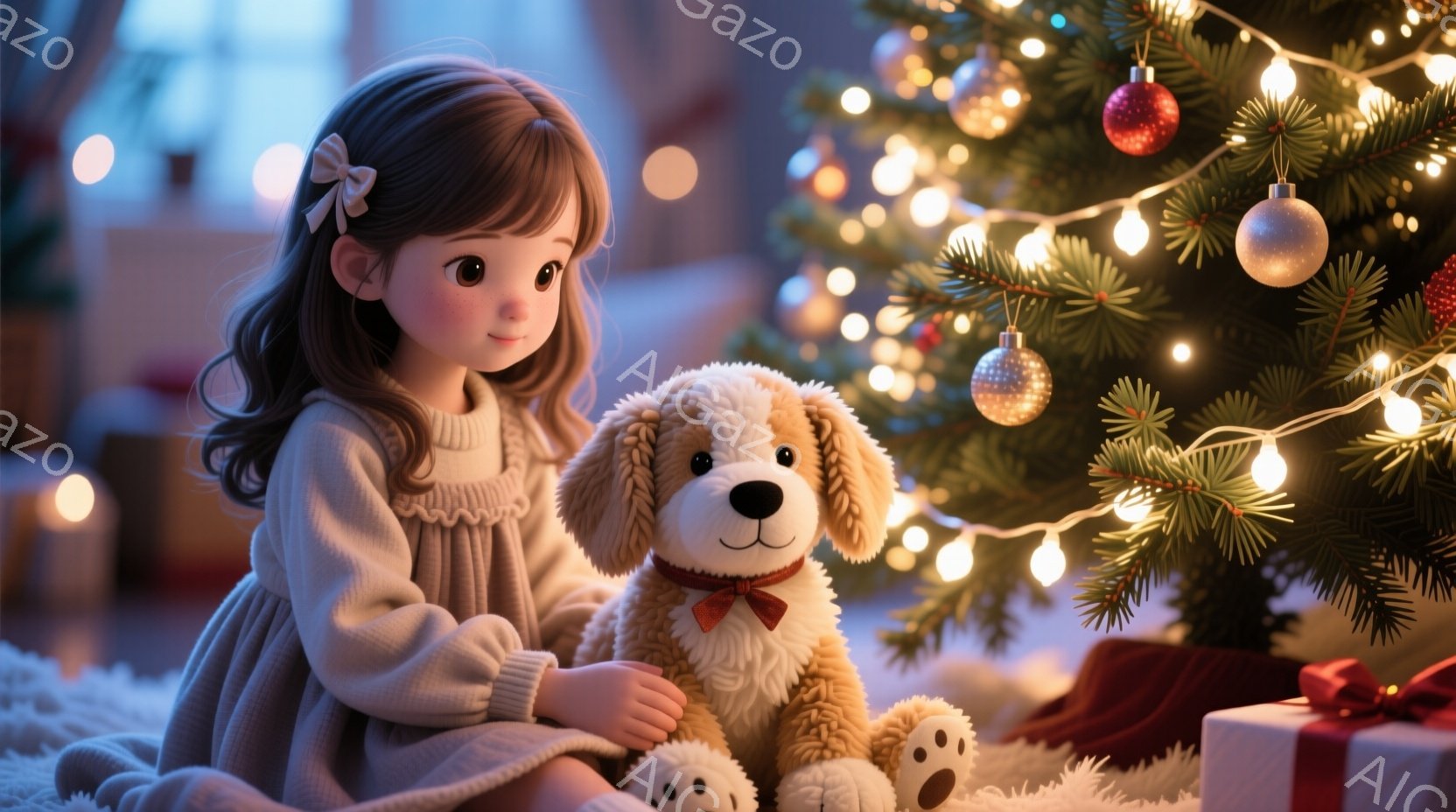 茶色の長い髪に白いリボンをつけた少女が、ふわふわのぬいぐるみ犬を抱きかかえて座っています。薄いピンク色のセーターのような服を着ており、穏やかな表情で犬を見つめています。背景にはクリスマスツリーが飾られ、ぼんやりとした光が暖かく、心地よい雰囲気を醸し出しています。