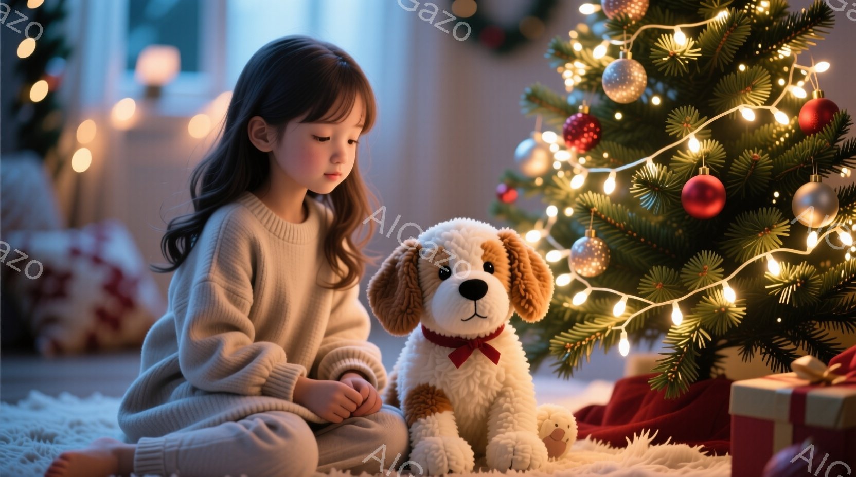 幼い女の子が床に座り、茶色の斑点模様の犬のぬいぐるみと向き合っています。彼女はクリーム色のセーターを着ており、ゆるやかに巻かれた長い黒髪をしています。背景には、飾り付けられたクリスマスツリーとプレゼントが置かれ、温かく穏やかなクリスマスの雰囲気が漂っています。