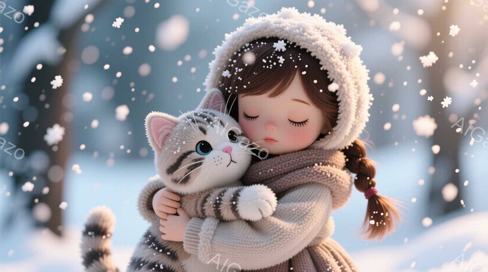 少女は白いニット帽とマフラーを身につけ、茶色の三つ編みヘアに整えられています。彼女は縞模様の猫を抱きしめ、穏やかな微笑みを浮かべています。背景は雪景色で、暖かく、穏やかな雰囲気を醸し出しています。