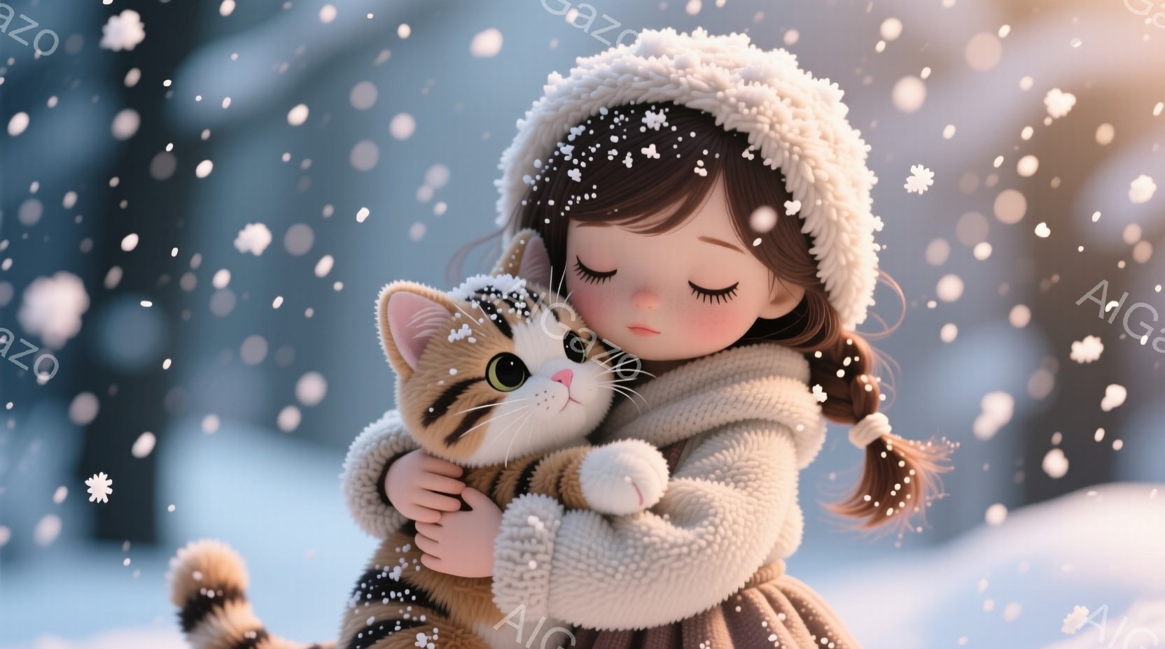 雪が舞う中で、幼い女の子が愛猫を優しく抱きしめています。女の子は、ふわふわの帽子と厚手のコートを着ており、髪は短い茶色のポニーテールに結ばれています。背景は雪景色で、温かく穏やかな雰囲気が漂っています。