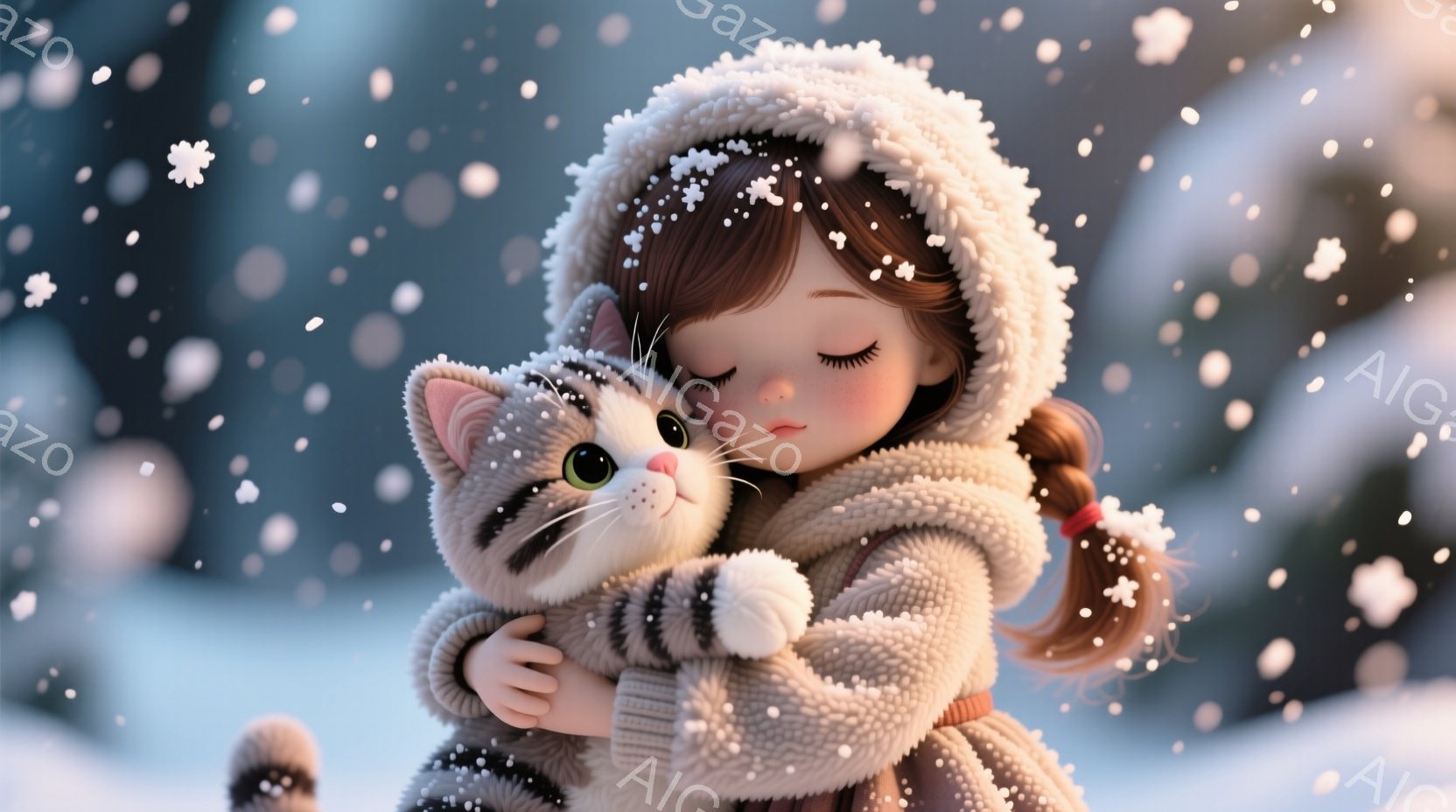 雪が降る中、少女が縞模様の猫を抱きしめています。少女はフード付きの厚手のコートを着ており、茶色の髪はポニーテールに結ばれています。彼女は目を閉じ、穏やかな表情を浮かべており、背景にはぼやけた雪景色が広がっています。