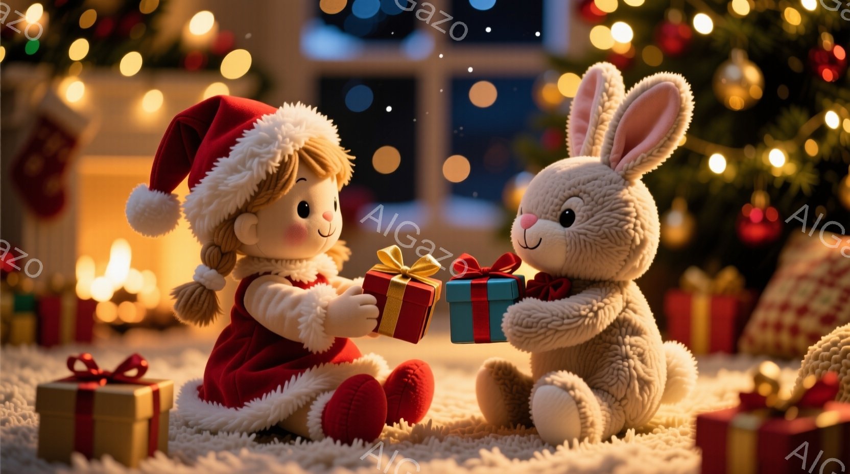 赤いサンタの帽子をかぶった女の子と、ふわふわの白いウサギが写っています。二人は笑顔でプレゼントを交換しており、女の子は赤いコートとポンポン付きのブーツを履いています。背景にはクリスマスツリーの光、暖炉、そしてプレゼントの箱が散らばっており、温かく幸せなクリスマスの雰囲気が漂っています。