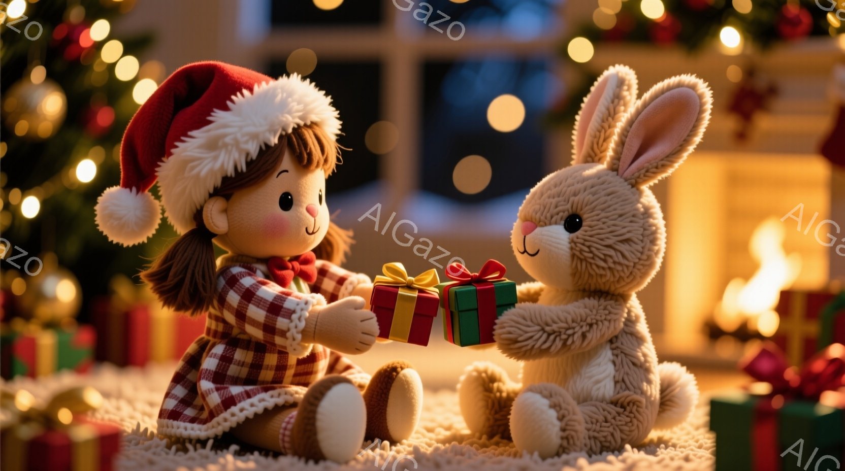 赤いサンタ帽をかぶった女の子が、タータンチェックのワンピースを着て、大きなふわふわのウサギの人形に緑色のリボンで結ばれたプレゼントを渡そうとしています。二人はカーペットの上に座り、背景にはぼやけたクリスマスツリーと暖炉が見え、温かく、お祝いの雰囲気が漂っています。光が柔らかく、全体的に夢のような、心温まる光景です。