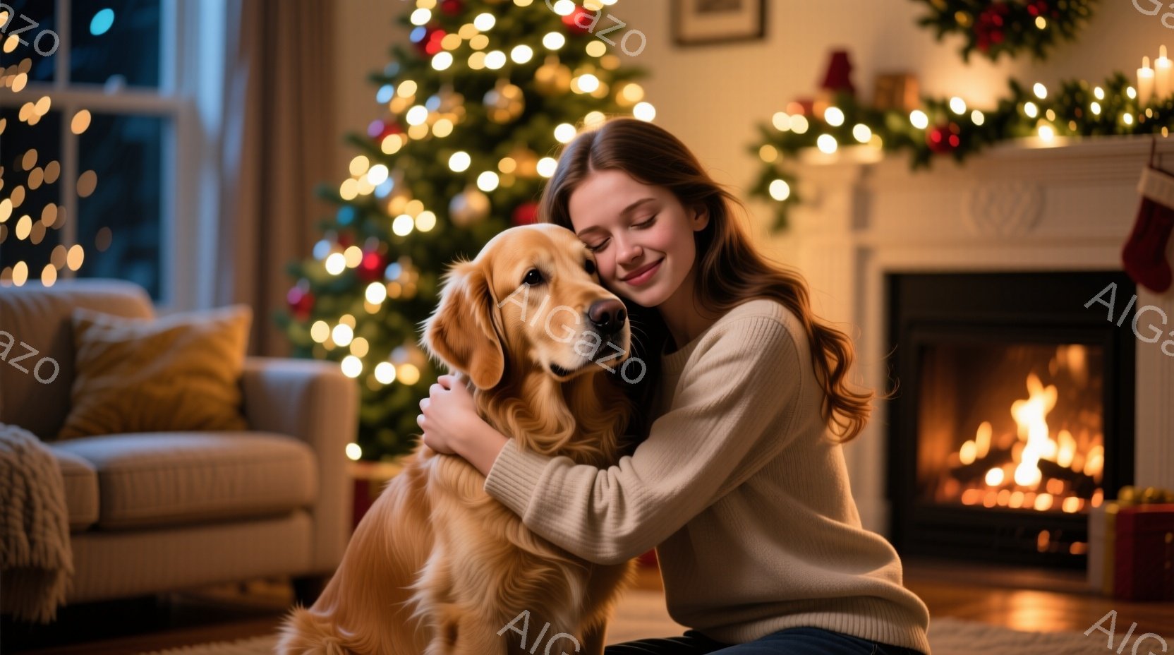 長い茶色の髪をした若い女性が、ゴールデンレトリバーを抱きしめて座っています。彼女はセーターを着ており、目を閉じて穏やかな笑顔を浮かべています。背景にはクリスマスツリーが飾られ、暖炉の火が暖かく光ってお - AI生成フリー素材