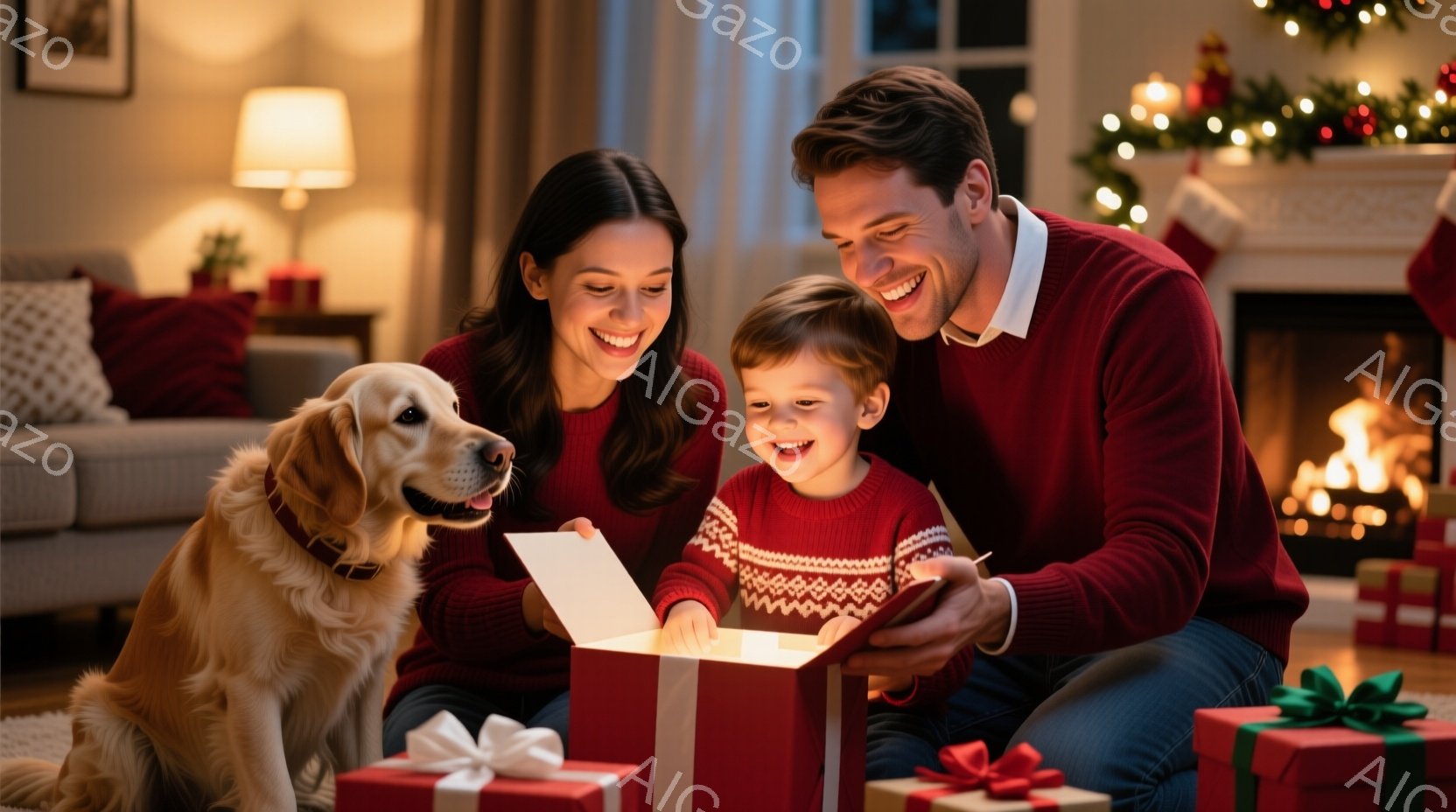 暖炉のある居間に、若い夫婦と幼い息子が座っており、クリスマスのプレゼントを開けています。夫婦は赤いセーターを着ており、息子は赤い模様が入ったセーターを着て笑顔を見せています。そばにはゴールデンレトリバーがいて、プレゼントに興味津々な様子でこちらを見ています。