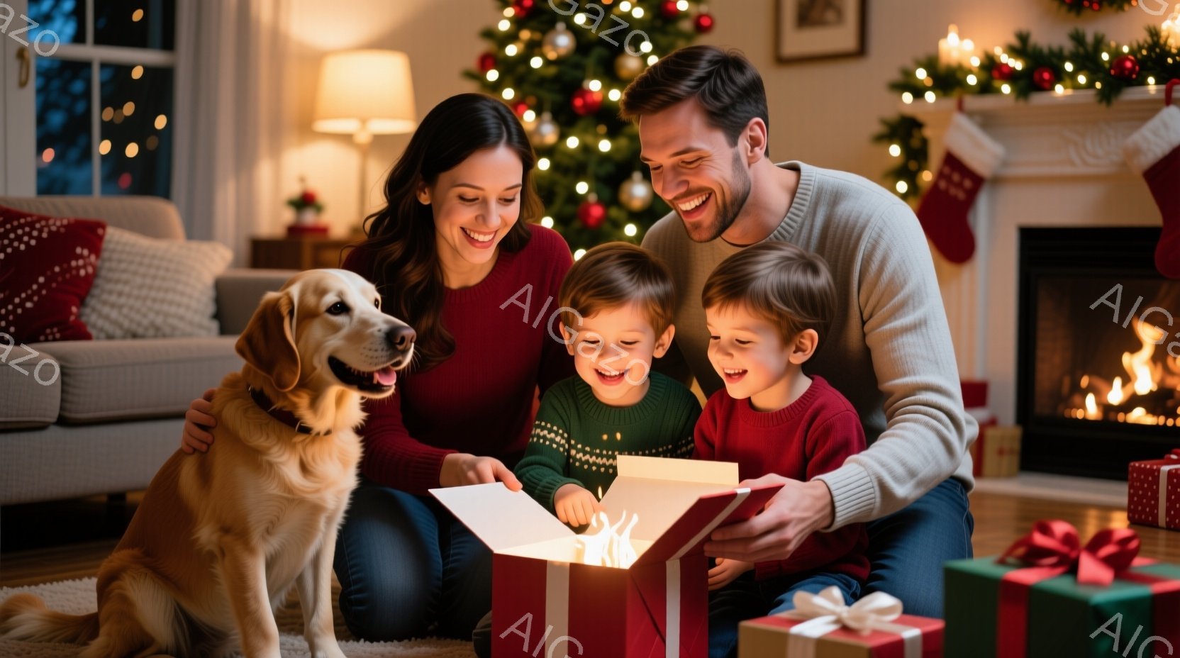 暖炉の前で、家族がクリスマスプレゼントを開けている様子が描かれています。母親は赤いセーターを着て微笑み、父親はグレーのセーターを着て、息子のプレゼントの箱を開けるのを手伝っています。二人の息子は緑色のセーターを着ていて、興奮した表情でプレゼントの中身を見つめており、そばには優しい表情のゴールデンレトリバーが寄り添っています。