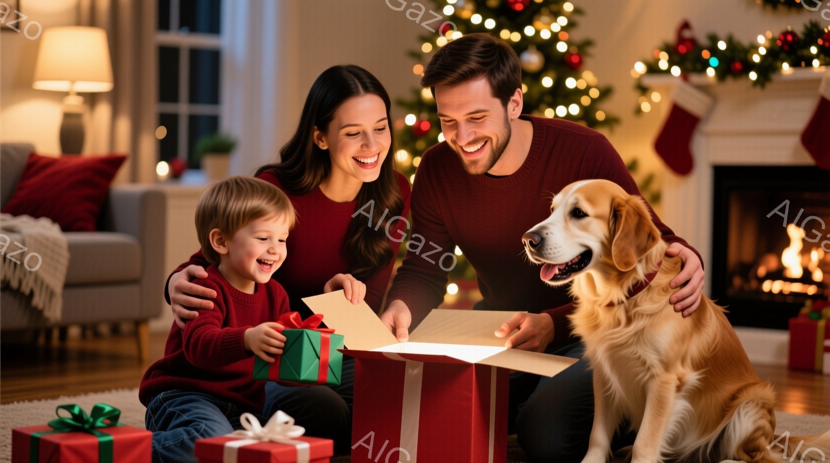 幼い男の子が赤いギフトボックスを開けるのを、母親と父親が見守っています。母親は長い茶色の髪で、笑顔で男の子に寄り添っており、父親も笑顔で、男の子に腕を回しています。背景にはクリスマスツリーや暖炉があり、部屋全体が温かく、幸せなクリスマスの雰囲気に包まれています。