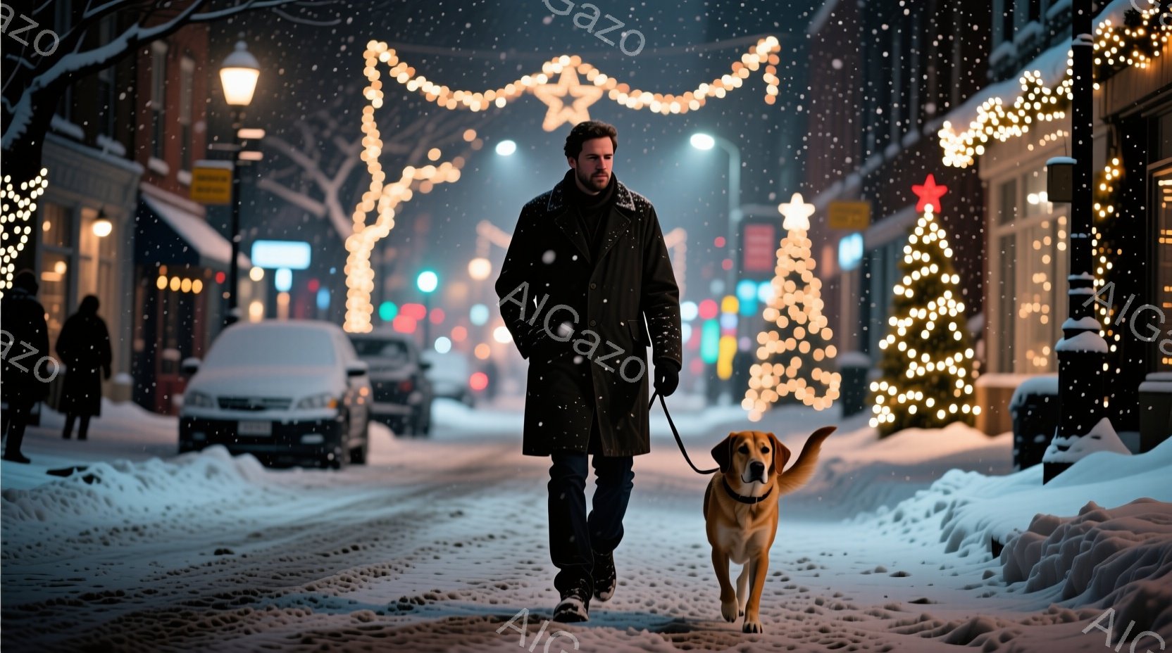 雪が降る夜の街を、黒いコートを着た男性が犬を連れて歩いている。男性は短髪で、やや険しい表情をしており、前を向いて力強く歩いている。背景には、クリスマスイルミネーションで飾られた建物や車が並び、冬の夜の温かくも静かな雰囲気を醸し出している。