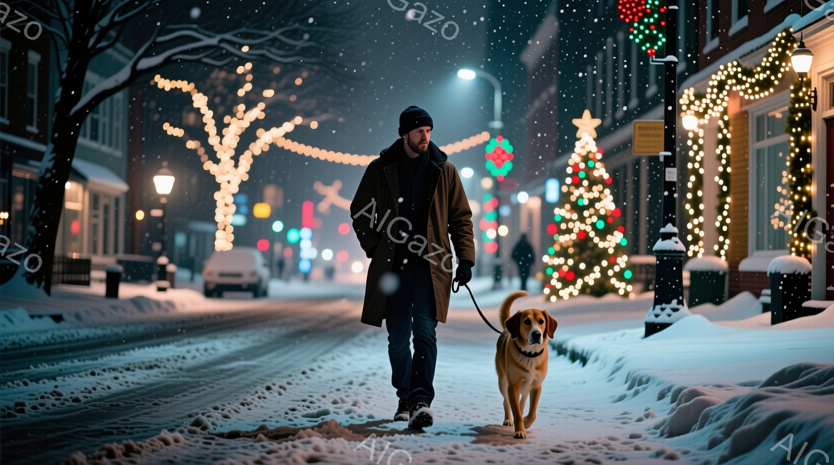 雪が降る夜の街を、帽子と長コートを着た男性が犬と散歩している。男性は顎ひげを生やし、やや下を向いて歩いている様子から、落ち着いた雰囲気が感じられる。背景にはクリスマスイルミネーションで飾られた建物が並び、暖かく幻想的な冬の夜の情景が広がっている。