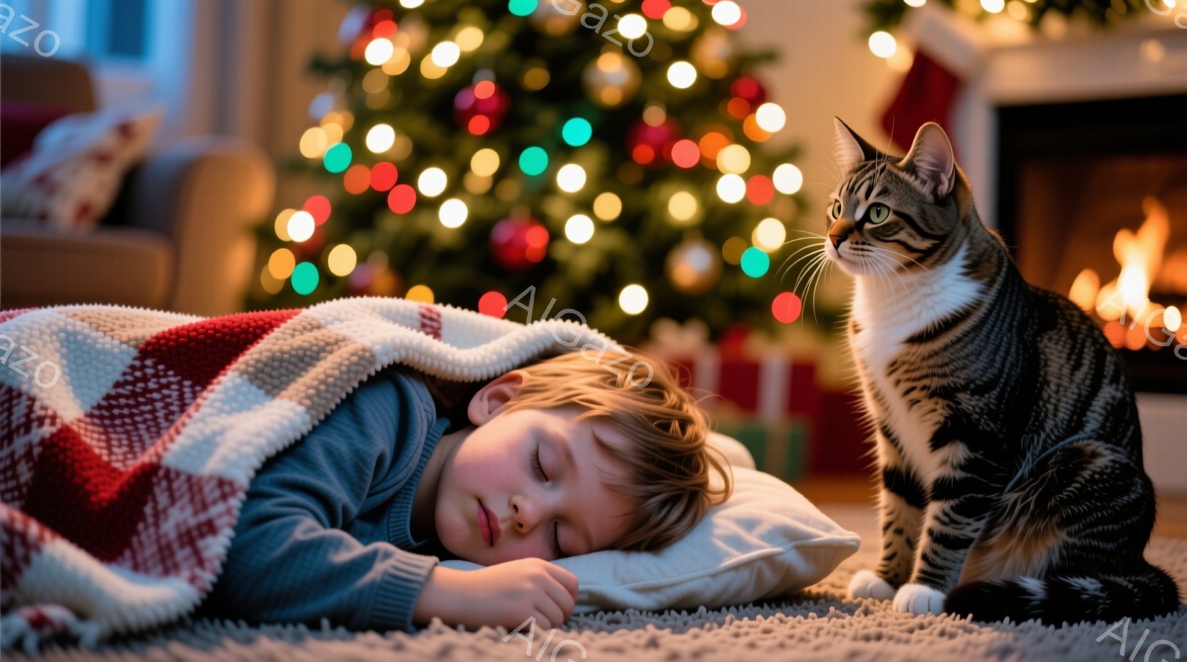 少年はカーキ色のパジャマを着て、灰色の毛布にくるまって床の上で眠っています。そばには、茶色の縞模様の猫が座り、大きな目で何かを見つめています。背景には、クリスマスツリーの温かい光と、暖炉の炎が見え、家庭的で穏やかな雰囲気が漂っています。