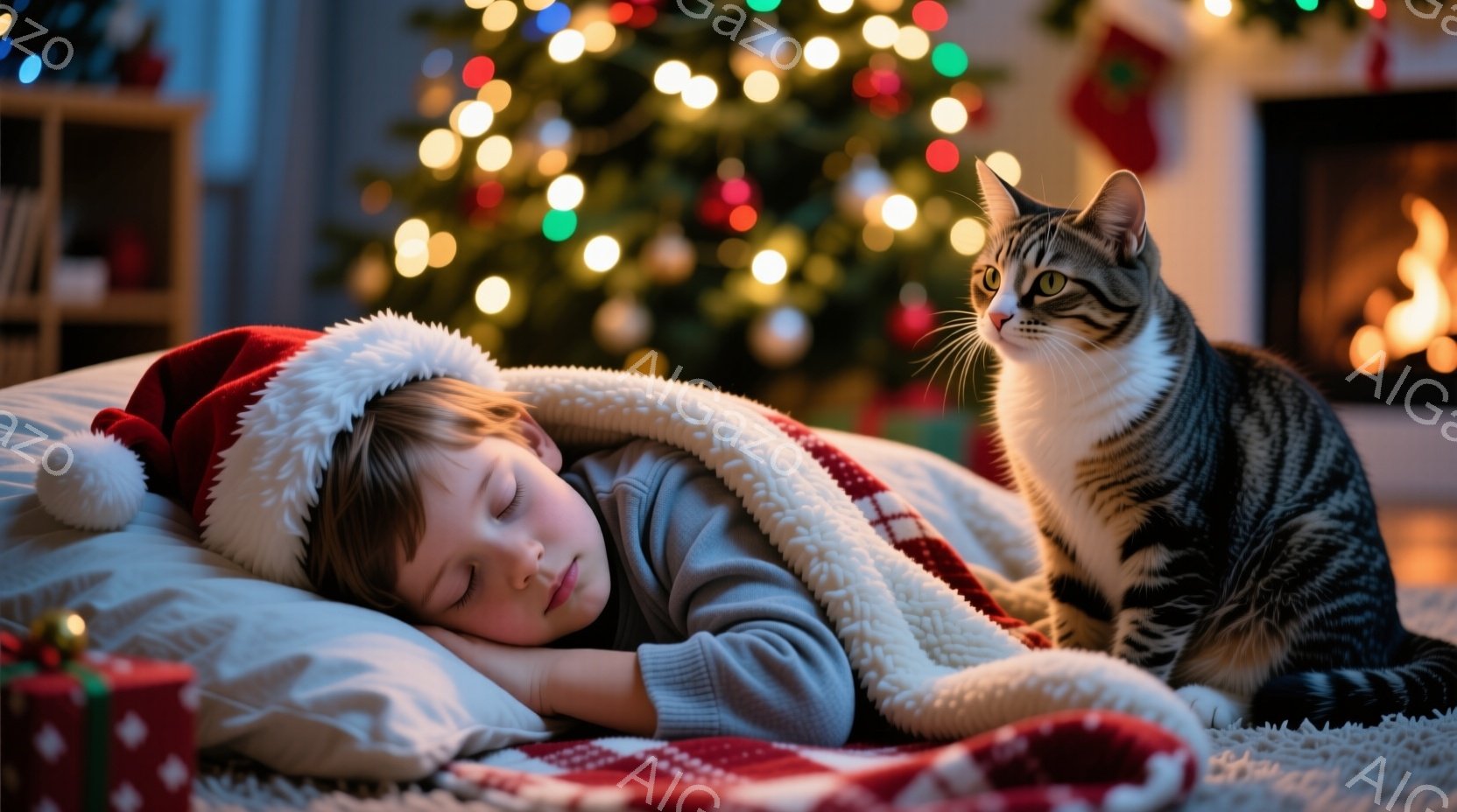 クリスマスツリーの明かりが灯るリビングで、少年が赤いサンタ帽をかぶり、毛布にくるまって眠っている。そばには、斑点の模様が印象的な猫が、少年を見つめながら座っている。暖炉の火が優しく照らし、温かく穏やか - AI生成フリー素材