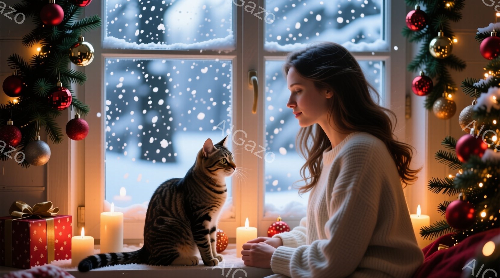 窓辺に座る女性は、クリーム色のセーターを着て、長い茶色の髪を後ろに流しています。彼女は落ち着いた表情で外を眺めており、近くには縞模様の猫が座って同じ方向を見つめています。窓の外は雪が降り積もり、白い景色が広がっており、室内にはキャンドルやクリスマスツリーの飾りなどが置かれ、暖かく穏やかな雰囲気が漂っています。