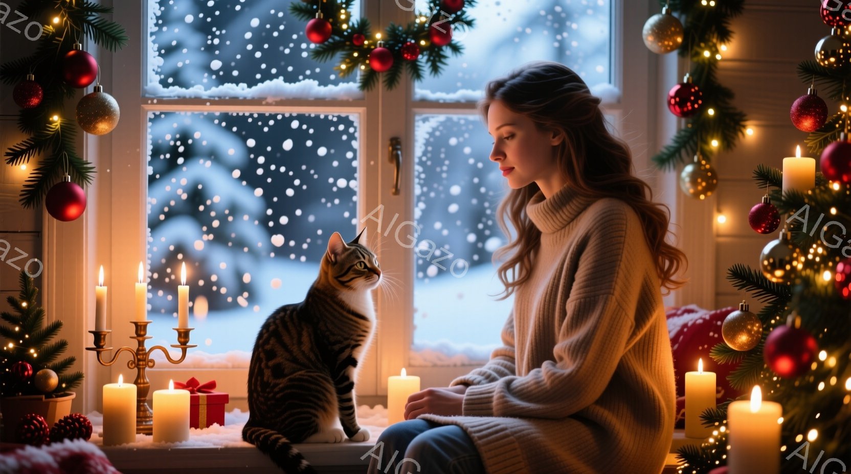 長い茶色の髪を無造作に垂らした女性が、窓辺で横たわり、毛むくじゃらの縞模様の猫と視線を交わしています。窓の外は雪が降り積もり、室内にはクリスマスツリーやキャンドルが飾られ、温かく幻想的な雰囲気を醸し出しています。キャンドルやツリーの温かい光が室内を照らし、冬の静寂と猫との穏やかな時間を表現しています。