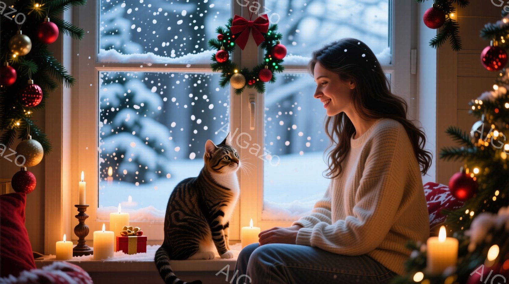 暖炉のそばの窓辺に座る女性と、その隣に座る縞模様の猫が描かれています。女性は白いセーターを着ており、長い茶色の髪は肩にかかっています。彼女は穏やかな笑顔を浮かべ、猫の方を見つめており、背景には雪景色が広がり、クリスマスの飾り付けが暖かな雰囲気を醸し出しています。