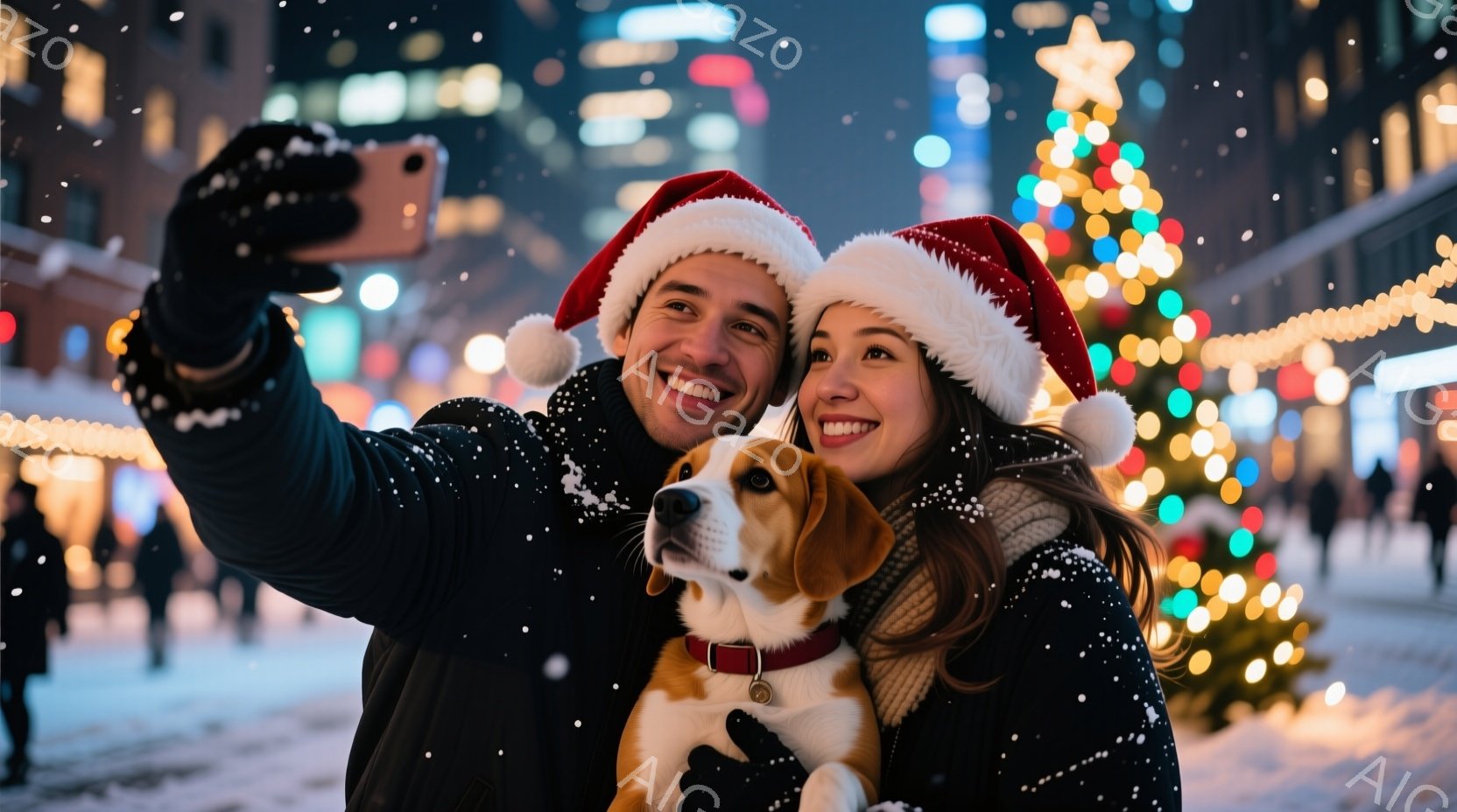 笑顔の男女が、クリスマスの帽子をかぶり、ビーグルの犬と一緒に自撮り写真をとっています。男性は黒いジャケット、女性は白いセーターとコートを着ており、雪が降る夜の賑やかな街並みが背景に見えます。背景にはクリスマスツリーのイルミネーションが輝き、温かく幸せな雰囲気を醸し出しています。
