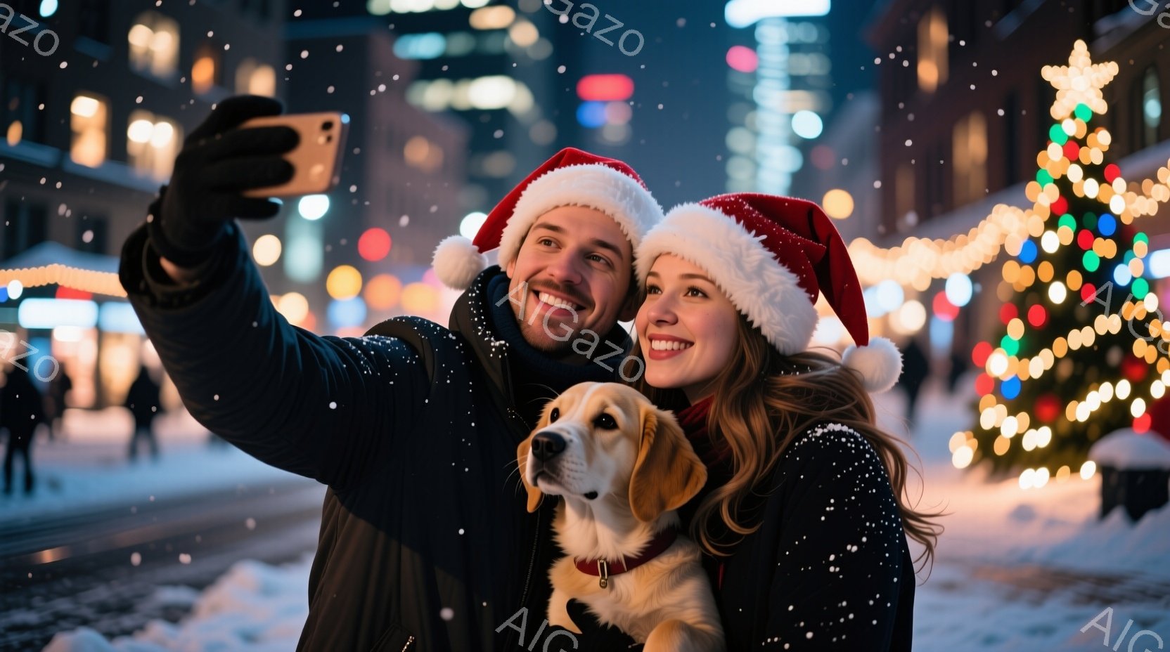 街のイルミネーションを背景に、サンタの帽子をかぶった男女が、愛犬と共に自撮りしている写真です。男性は黒いジャケットを着ており、女性は長い茶髪で、笑顔を浮かべています。背景には、クリスマスツリーや街灯が輝き、雪が舞う冬の夜の温かく、幸せな雰囲気が伝わってきます。