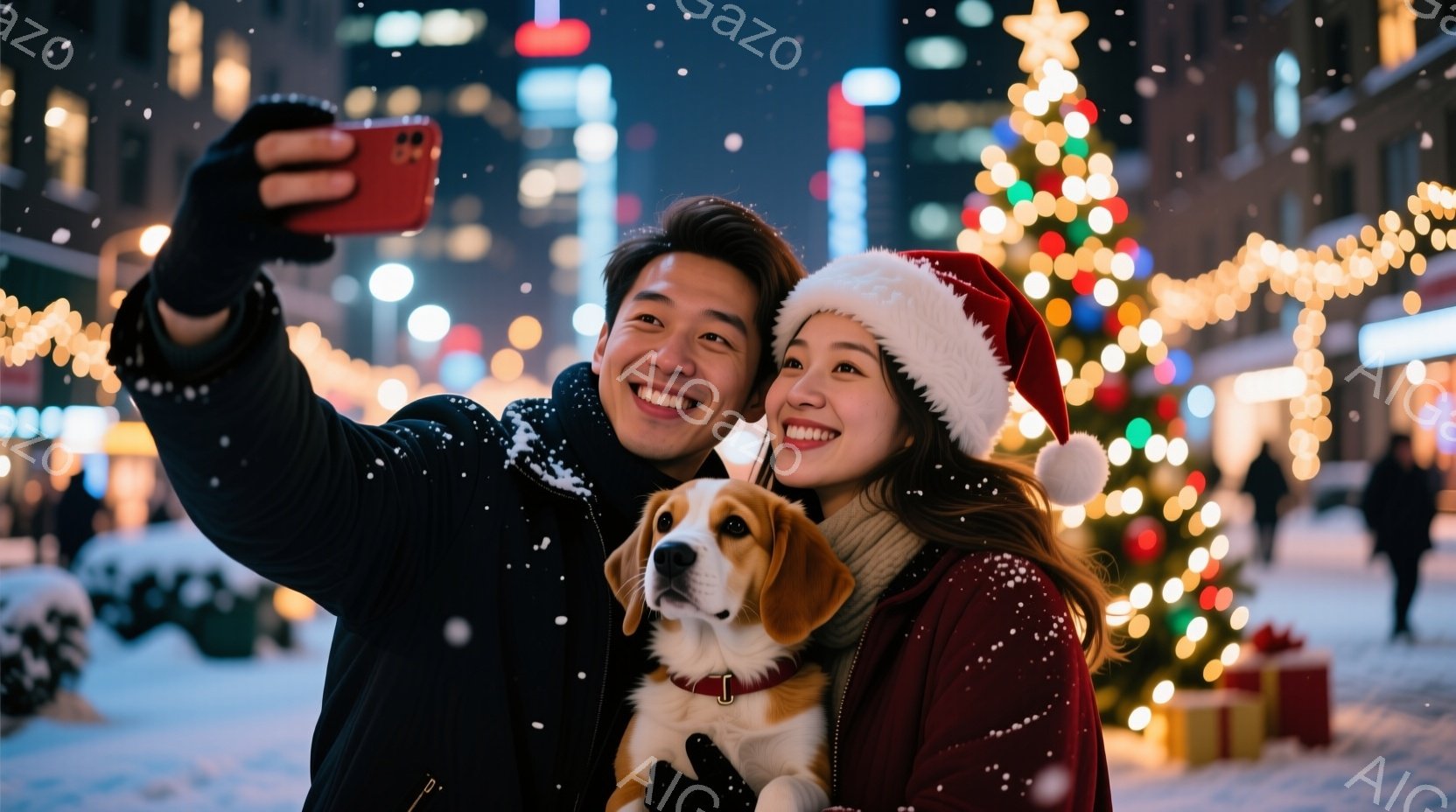 雪が舞う夜の街で、若い男女が愛犬と一緒にセルフィーを撮っています。男性は黒いジャケットを着て、女性は赤いコートとサンタ帽を被り、満面の笑みを浮かべています。背景にはクリスマスツリーが飾られ、キラキラと輝くイルミネーションが暖かくロマンチックな雰囲気を醸し出しています。