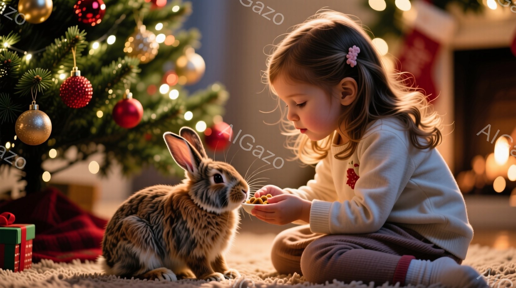 幼い少女が床に座り、茶色のウサギに黄色いおやつを差し出しています。彼女は白いセーターとグレーのズボンを着用し、髪は後ろで結ばれて、前髪には小さなリボンがついています。背景にはクリスマスツリー、プレゼン - AI生成フリー素材