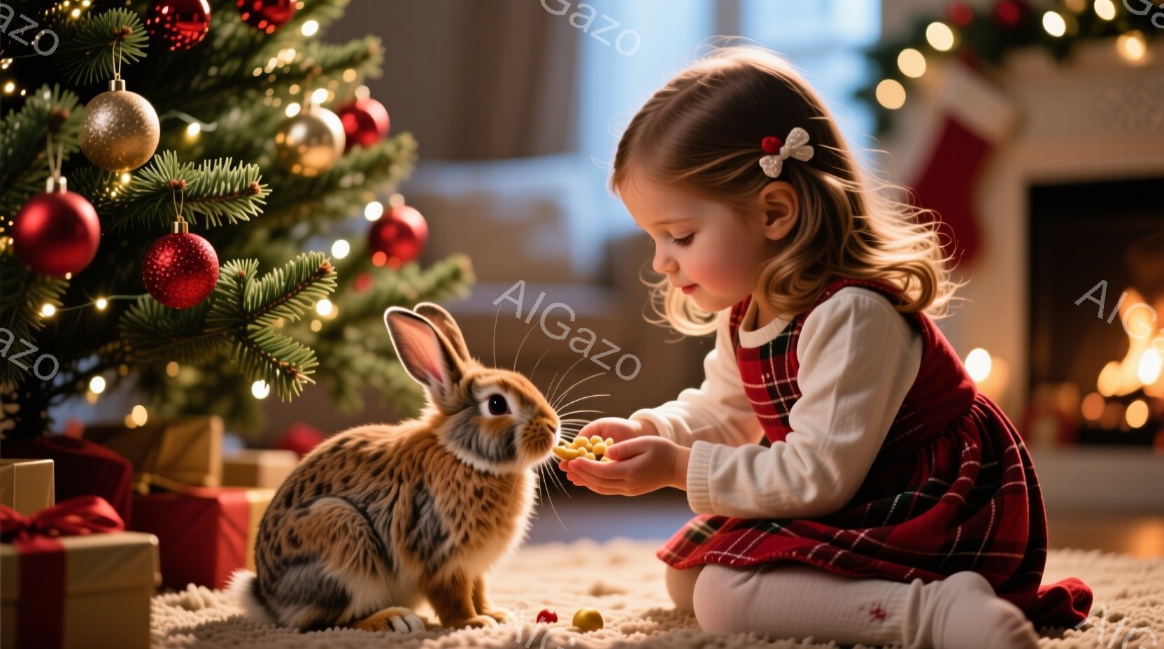 幼い女の子が床に座り、茶色のウサギに小さな餌を与えています。彼女は白い長袖シャツに赤いチェック柄のドレスを着ており、髪は後ろでリボンで結ばれています。背景にはクリスマスツリーとプレゼントボックスが見え、暖炉の火が灯り、温かく優しいクリスマスの雰囲気が漂っています。