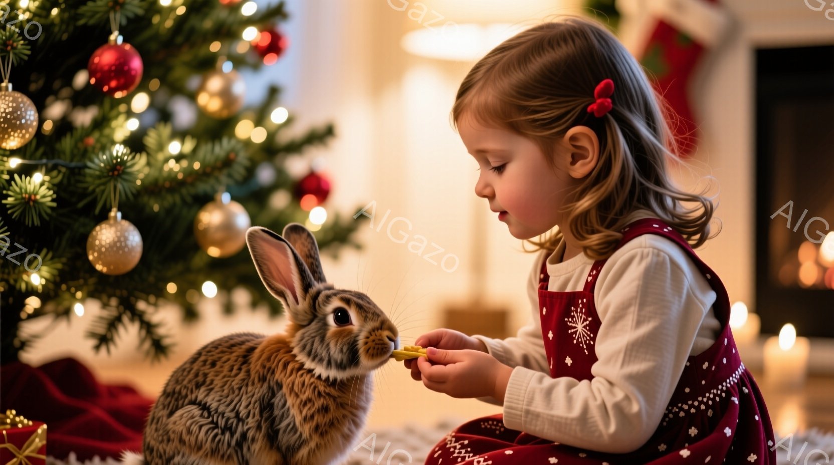クリスマスツリーのそばで、幼い女の子がうさぎに何かおやつを与えています。女の子は白いセーターと赤いエプロンを着ており、髪はゆるく巻かれ、赤いリボンで結ばれています。背景には、ぼんやりとしたクリスマスデ - AI生成フリー素材