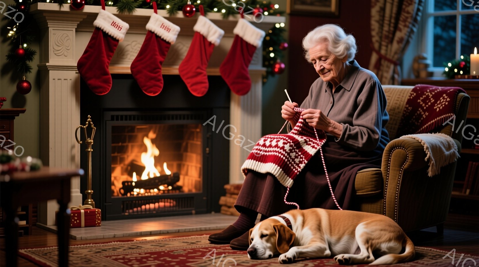 年配の女性が、暖炉の前で椅子に座り、編み物をしている様子が描かれています。彼女は紫色の服を着ており、白髪を短く整えています。暖炉のそばにはビーグル犬が横たわり、リラックスした雰囲気が漂っています。