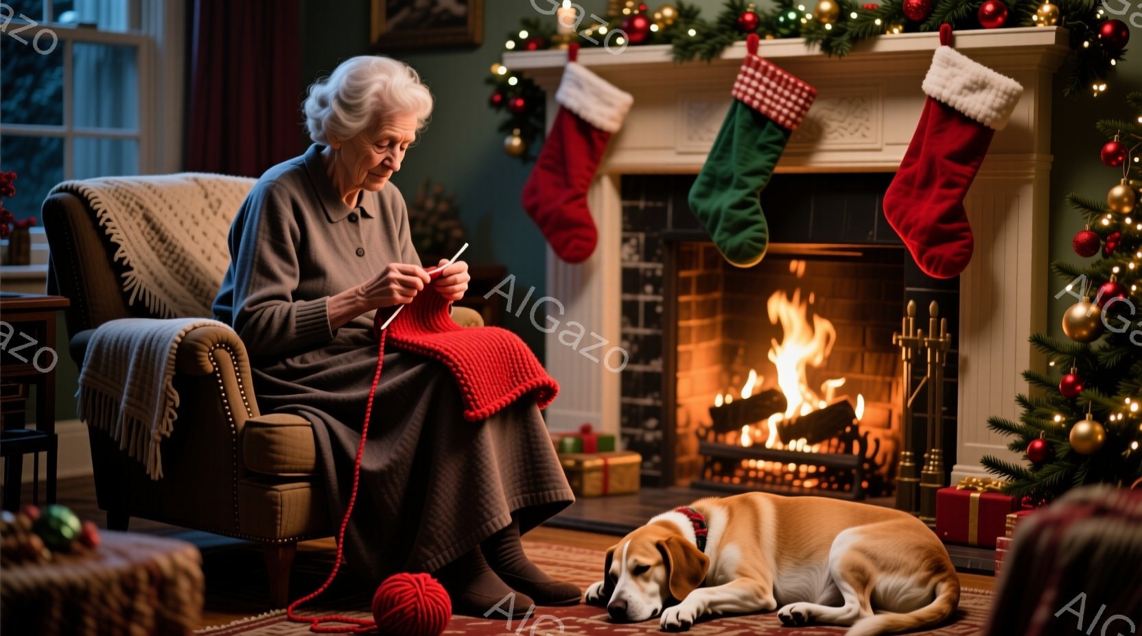 白髪の老婦人が肘掛け椅子に座り、赤い毛糸で編み物をしている。彼女はグレーのドレスを着ており、穏やかな表情で編み物に集中している。背景には暖炉があり、クリスマスソックスが飾られ、床にはギフトボックスと犬が横たわっており、温かく居心地の良いクリスマスの雰囲気が漂っている。