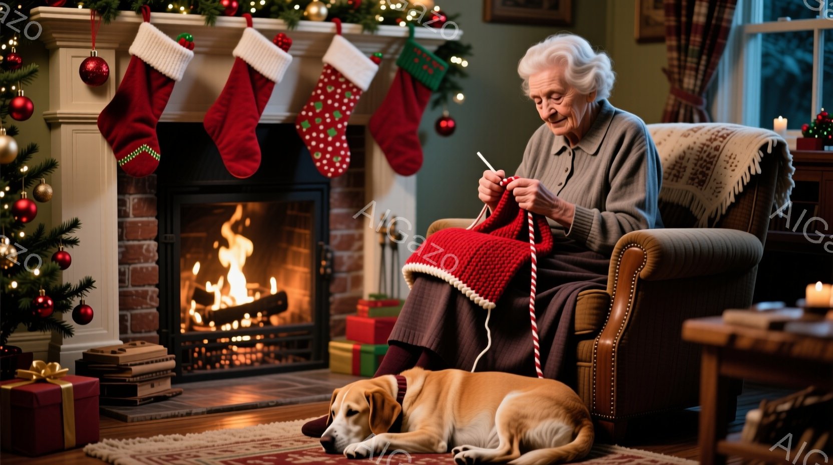 暖炉の前で編み物をしている白髪の老婦人が写っています。彼女は赤い縞模様のセーターを編んでおり、顔には穏やかな微笑みが浮かんでいます。部屋にはクリスマスツリーやプレゼント、暖炉の上に飾られたクリスマスス - AI生成フリー素材