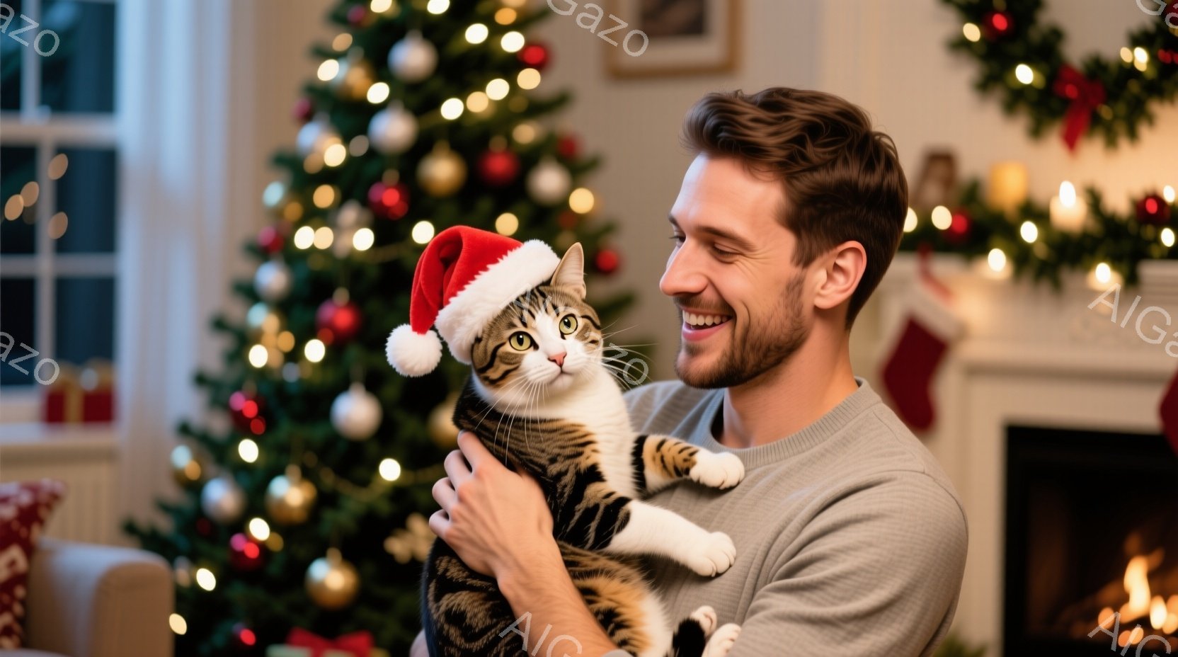 灰色のセーターを着た男性が、クリスマスツリーを背景に、サンタ帽をかぶった縞模様の猫を抱きかかえて微笑んでいます。男性は顎ひげを生やし、髪は短く整えられ、猫はリラックスした表情で抱っこされています。背景には、飾り付けられたクリスマスツリーと暖炉があり、温かく、お祝いの雰囲気を醸し出しています。