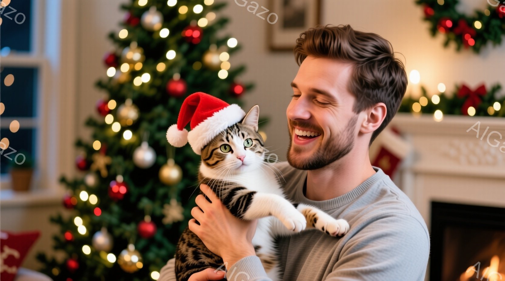 笑顔の男性が、クリスマスツリーの前で白い模様の猫を抱きかかえています。男性は灰色のセーターを着ており、短髪で髭を生やしています。背景には飾り付けられたクリスマスツリーと暖炉があり、温かく幸せな雰囲気が漂っています。