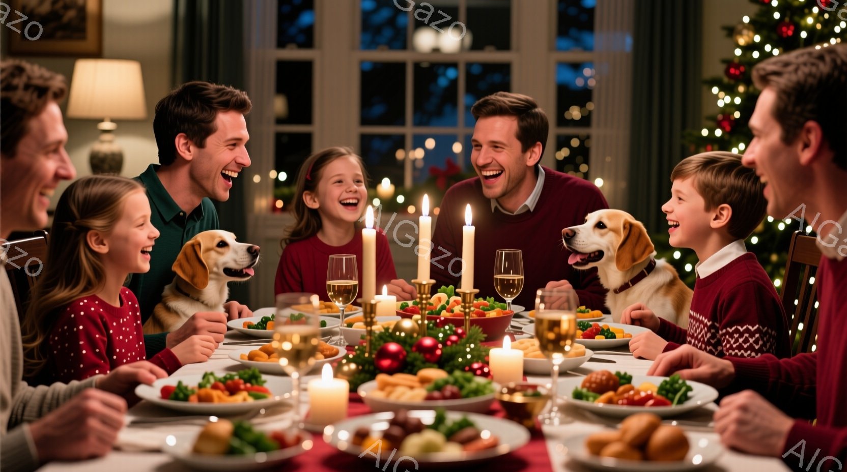 温かい光に包まれたダイニングテーブルを囲み、家族とビーグル犬が楽しそうに食事をしている様子が描かれています。子供たちは赤いニットを着て笑顔を見せ、大人は落ち着いた色合いの服を着て楽しそうに笑っています。背景にはクリスマスツリーが飾られ、暖炉の光とキャンドルの灯りが、温かく幸せな雰囲気を醸し出しています。
