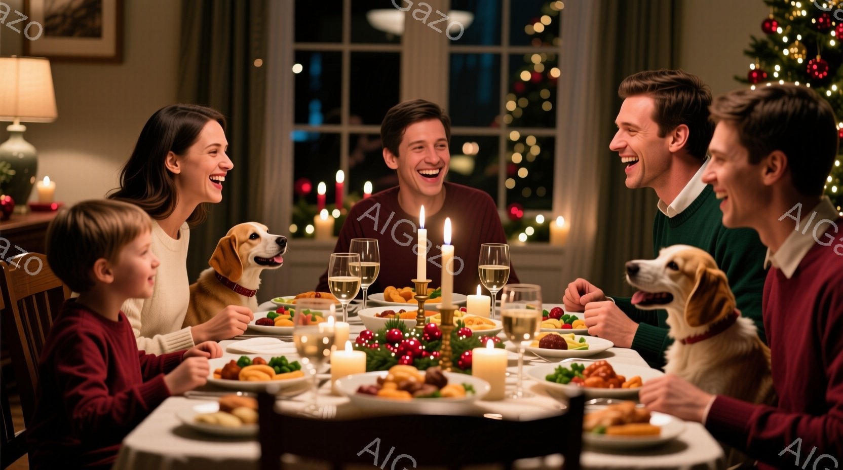 温かい光に包まれた食卓を囲む家族の姿が描かれています。母親は長い髪を後ろにまとめ、笑顔で会話を楽しんでいます。テーブルには美味しそうな料理が並び、二匹の犬も飼い主のそばで楽しそうにしています。
