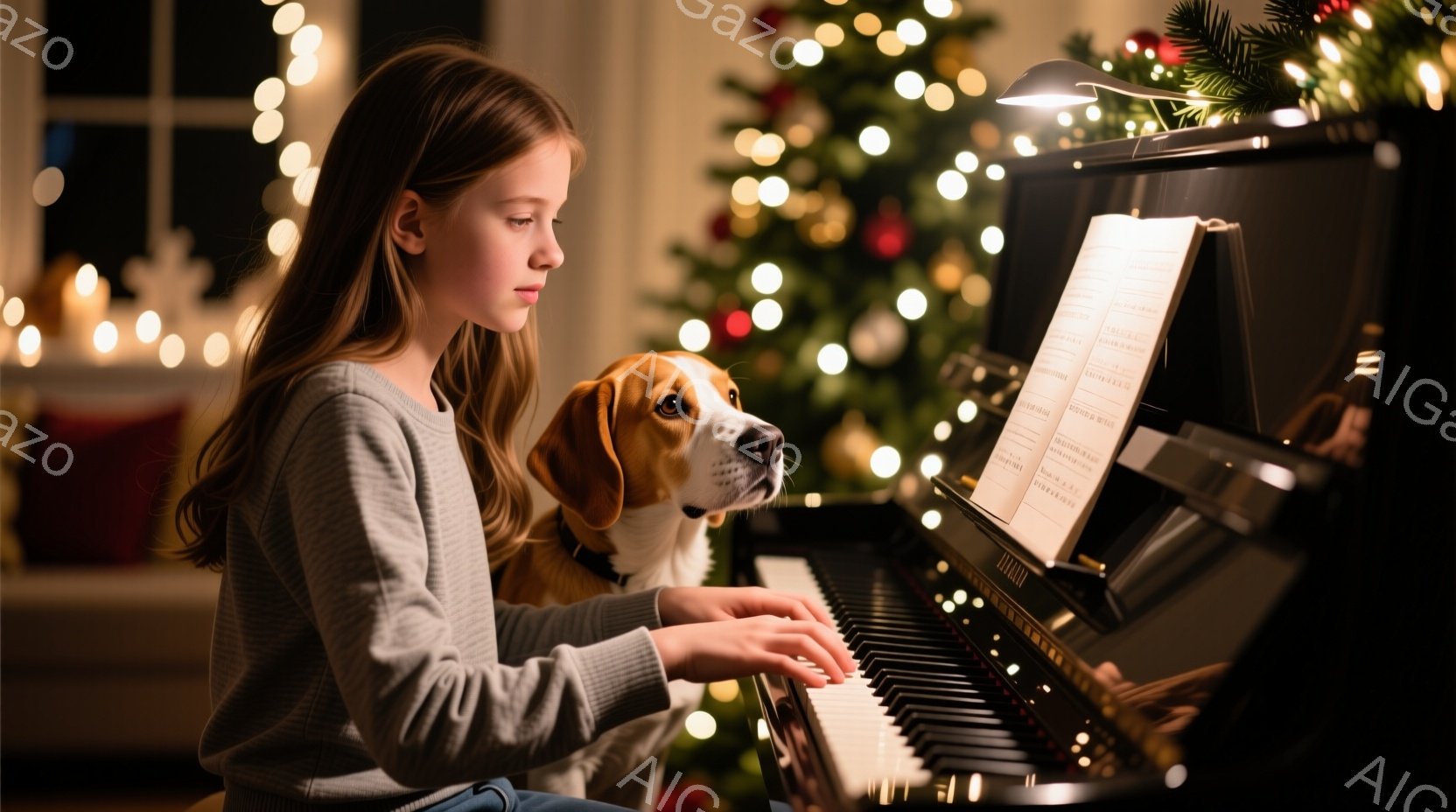 茶髪の少女がピアノを弾いています。グレーのセーターを着ており、真剣な表情で楽譜を見つめ、指を鍵盤の上で動かしています。背景にはクリスマスツリーの光と暖炉があり、横にはビーグル犬が座って少女を見つめており、温かく穏やかな雰囲気が漂っています。