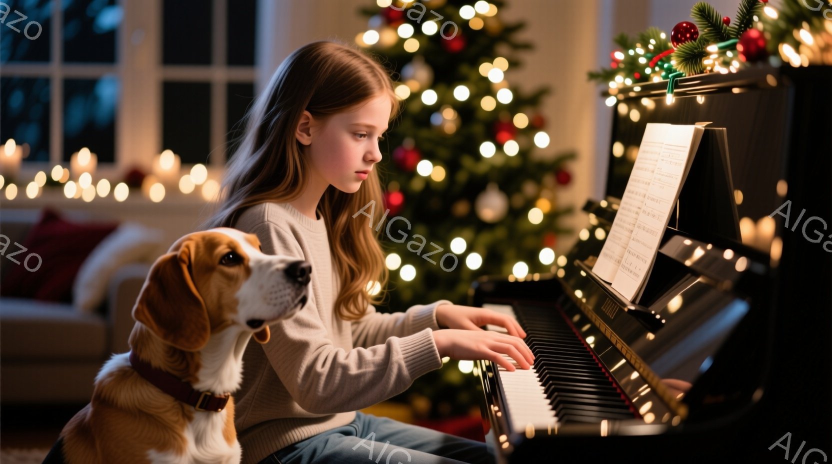 金髪の少女がピアノを弾いており、真剣な表情で鍵盤を見つめている。彼女はセーターとジーンズを着ており、髪は後ろで束ねられている。背景にはクリスマスツリーが飾られ、暖かく穏やかな雰囲気が漂っている。 - AI生成フリー素材
