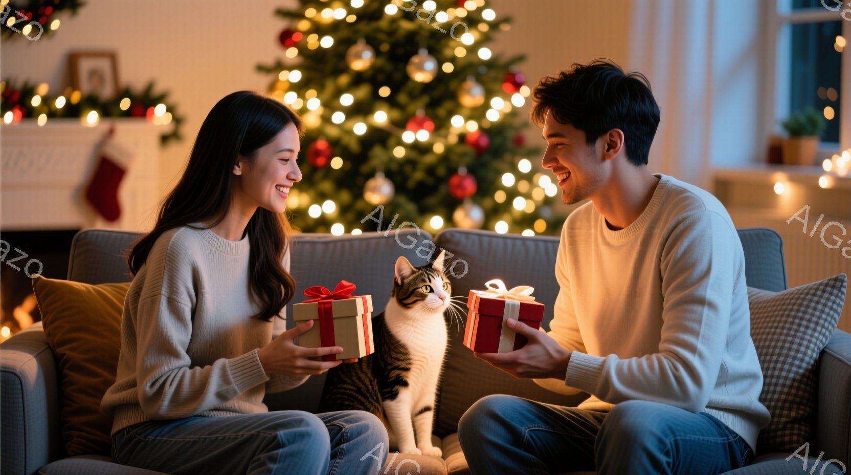 室内には、若いカップルがソファーに座り、お互いにプレゼントを贈り合っています。女性は黒髪で、白いセーターとジーンズを着ており、笑顔でプレゼントを受け取っています。背景には、クリスマスツリーが飾られ、暖かい光が部屋全体を照らしており、幸せなクリスマスの雰囲気が漂っています。