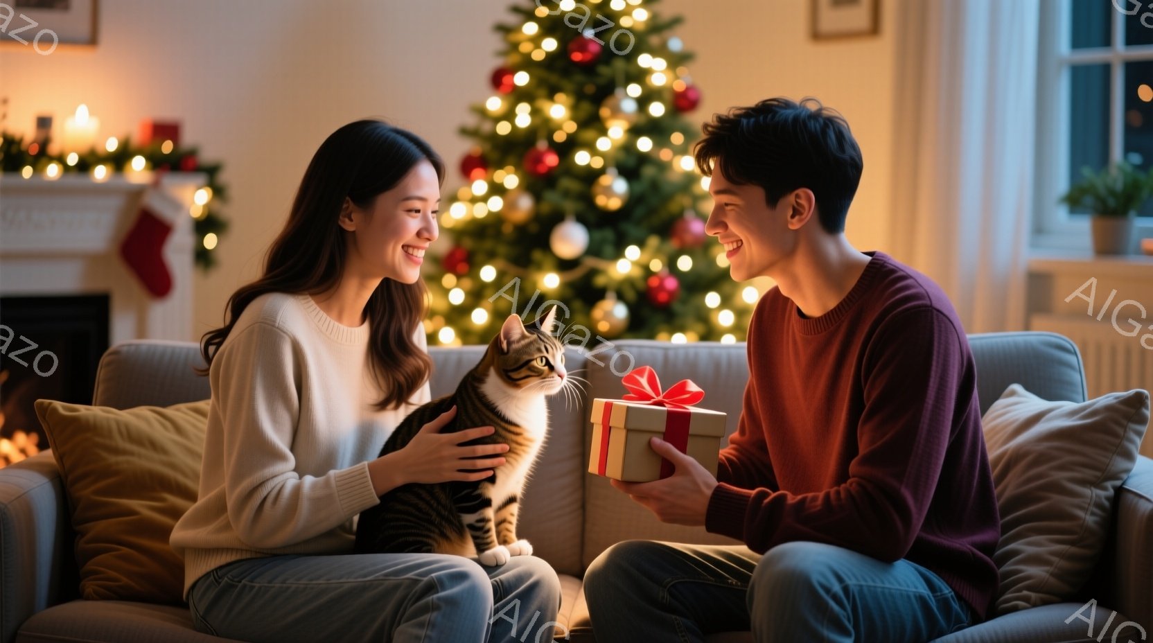 暖炉のあるリビングで、女性が猫を抱き、男性がプレゼントの箱を手にしている。女性はオフホワイトのセーターにジーンズ姿で、明るい笑顔を見せている。背景にはクリスマスツリーが飾られ、暖かく穏やかな家庭的な雰囲気が漂っている。