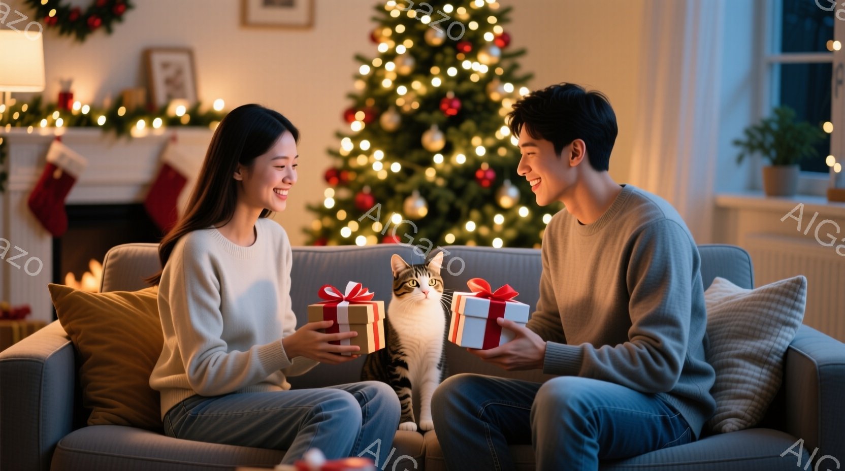 若い女性と男性がソファに座り、お互いにプレゼントを渡そうとしています。女性は薄いピンク色のセーターとジーンズを着ており、男性はグレーのセーターとジーンズを着ています。背景にはクリスマスツリー、暖炉、そして猫がおり、温かく、幸せなクリスマスの雰囲気が漂っています。