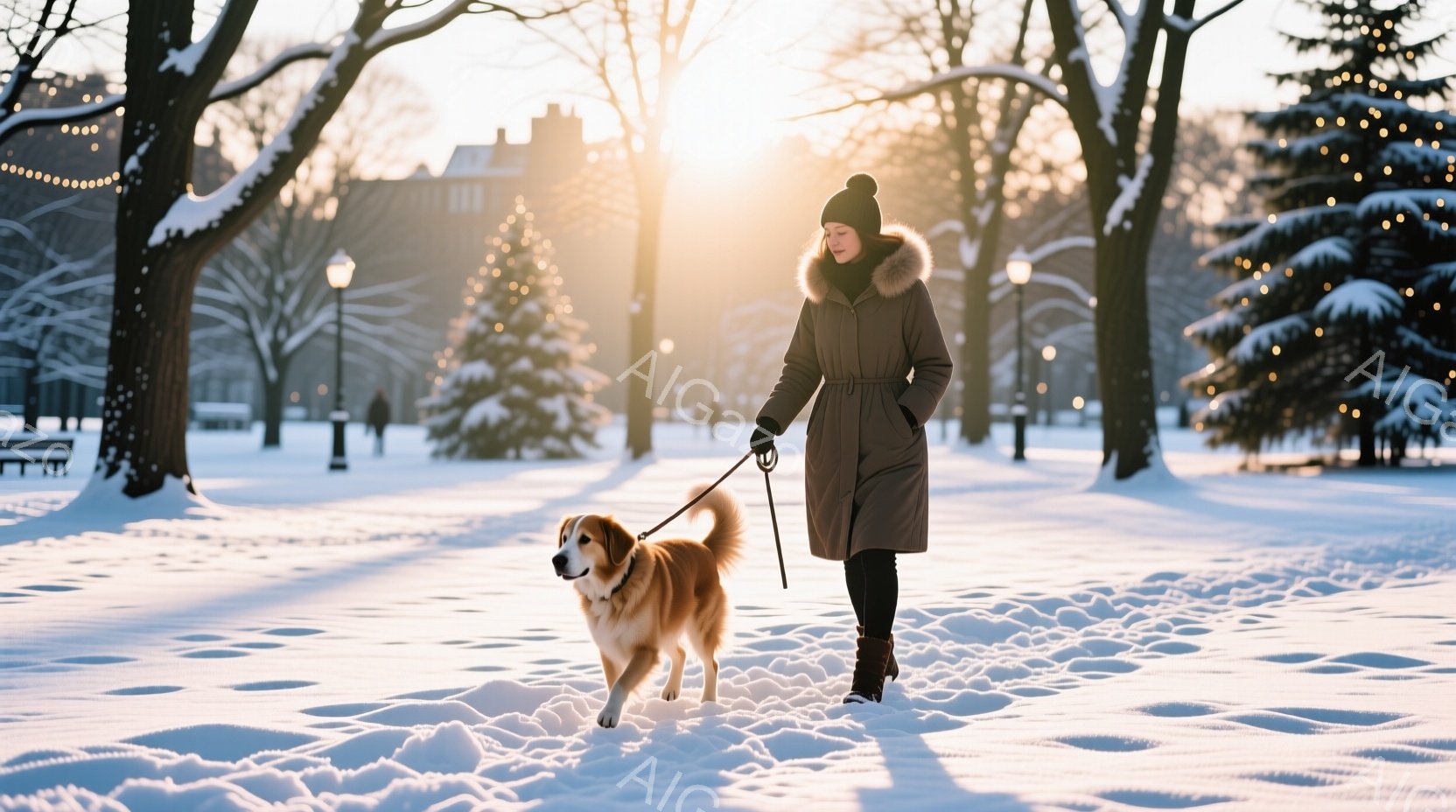 雪に覆われた公園を、ニット帽とキャメル色のロングコートを身に着けた女性が、金色の犬のリードを手に歩いている。女性は黒いタイツとブーツを履き、前を向いて凛とした表情で歩いている。背景には雪化粧した建物と木々が広がり、冬の穏やかな日差しが降り注いでいる。