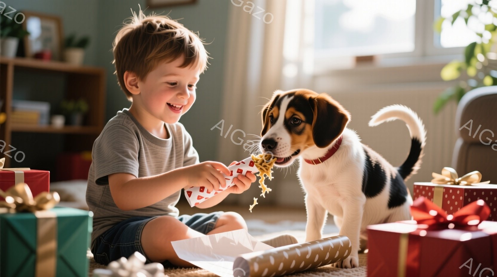 赤毛の幼い少年が床に座り、開けたプレゼントの包装紙を手に持っています。笑顔で犬に小さなおやつをあげようとしており、犬は嬉しそうにそのおやつを受け取ろうとしています。背景にはラッピングされたプレゼントがいくつかあり、温かく幸せな家庭の雰囲気が感じられます。