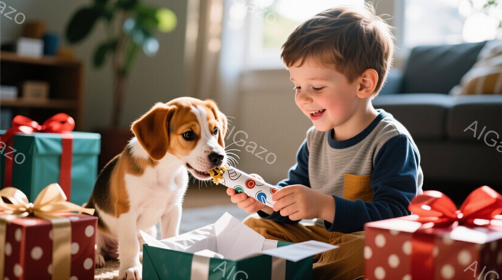 少年は緑色のギフトボックスからおもちゃを取り出し、満面の笑みを浮かべています。彼は青い長袖シャツと黄色のズボンを身につけ、明るい茶色の髪をしています。背景には、ラッピングされたギフトボックスがいくつかあり、室内で暖かく幸せな雰囲気が漂っています。