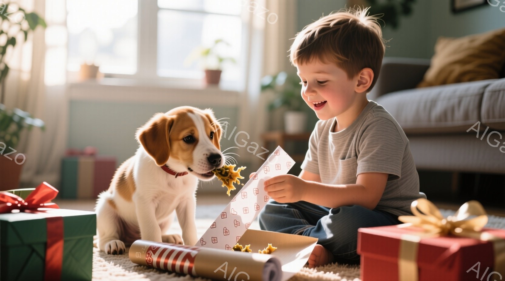 少年は床に座り、包装紙を開けてプレゼントを楽しんでいる様子です。明るい笑顔で、包装紙に包まれたおもちゃを手に持っています。背景にはクリスマスプレゼントの箱が置かれ、小さな子犬が彼を見つめており、暖かい - AI生成フリー素材